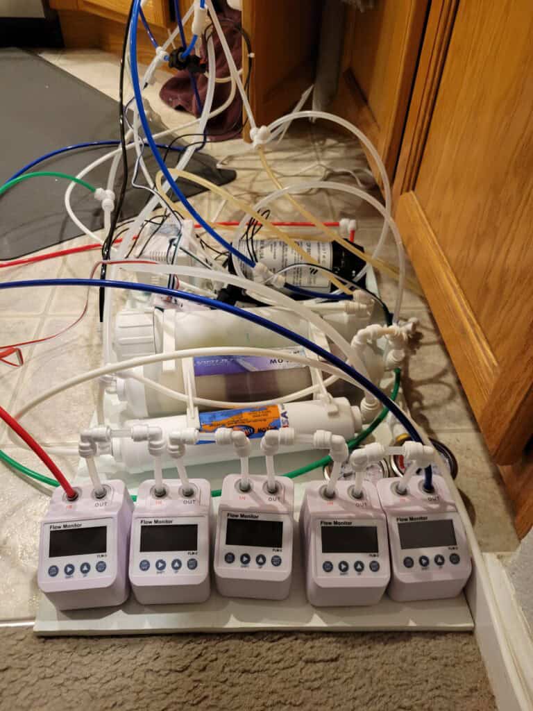 Highly detailed water filtration system with multiple flow monitors for clean drinking water.