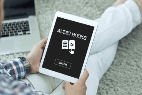 Digital audio books on water conservation and lifestyle on a tablet.